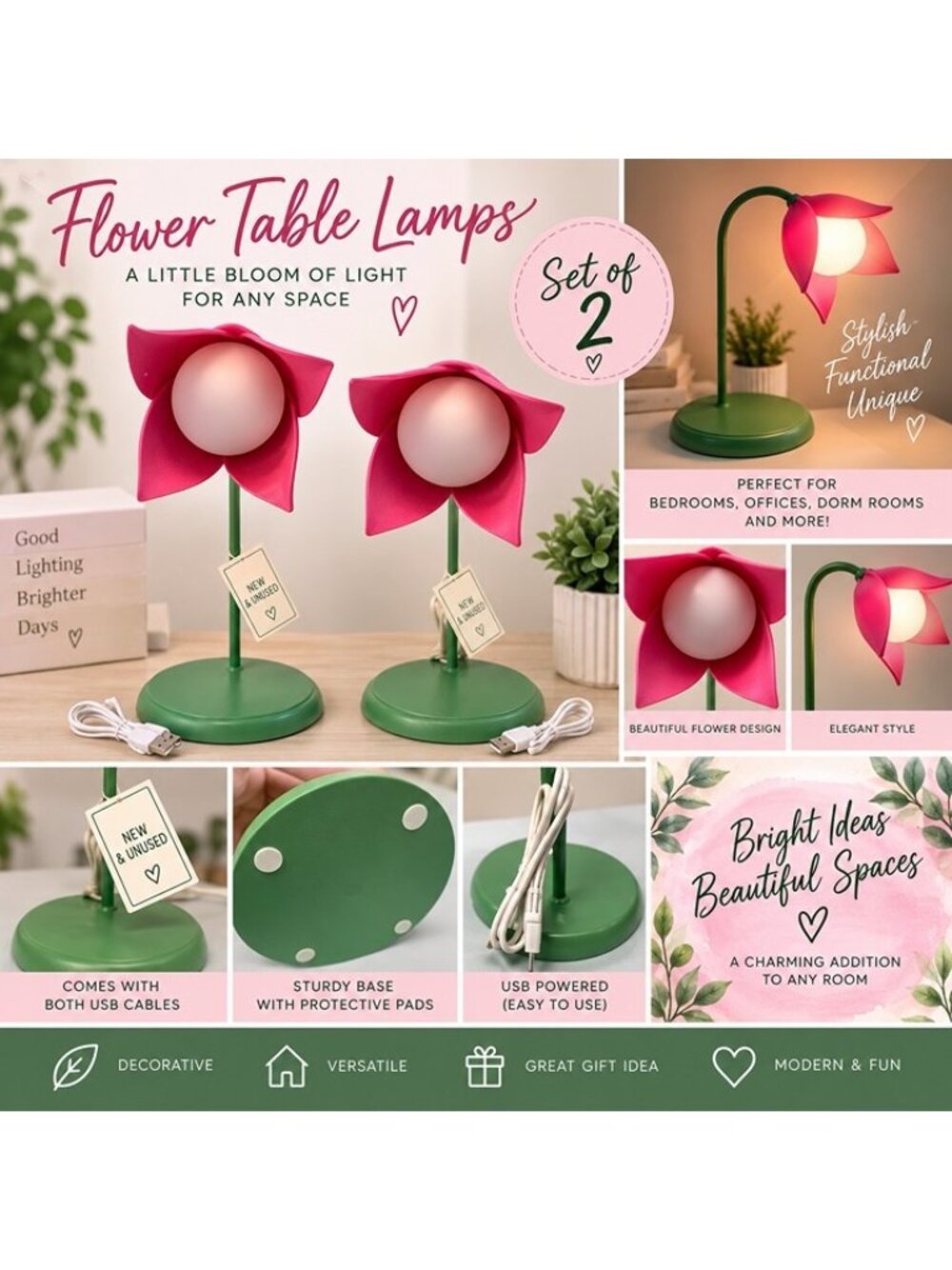 Set of 2 Flower Table Lamps Pink & Green USB Powered Accent Lights New